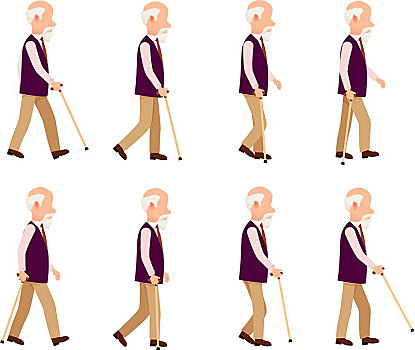 老人,棍,收集,象征,走,退休,男性,不同,移动,动作,紫色,背心,亮光,裤子,卡通,风格,动态,设计,矢量