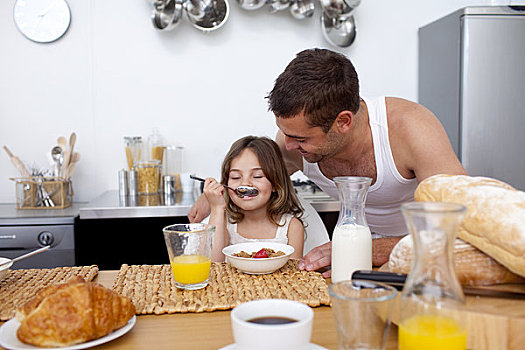 小女孩,享受,早餐,父亲