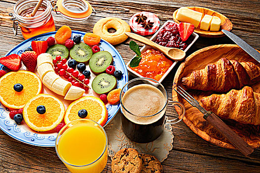 早餐,自助餐,健康,咖啡,橙汁,水果沙拉,牛角面包