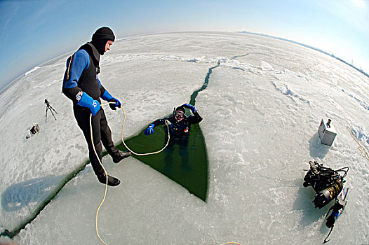 准备,潜水,冰冻,黑海,稀有,现象,敖德萨,乌克兰,东欧