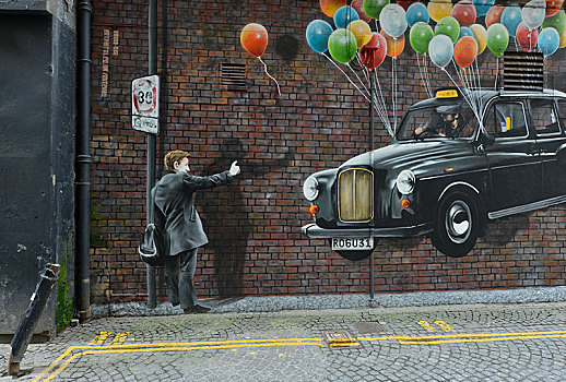墙壁,涂鸦,男人,打车,悬挂,飞,气球,格拉斯哥,苏格兰,英国,欧洲