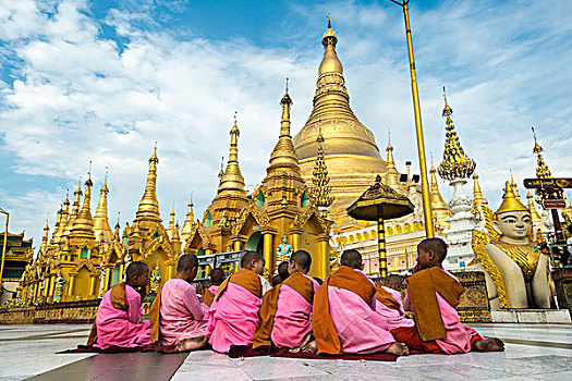 祈祷,新信徒,女僧侣,金色,佛塔,契迪,大金塔,山,仰光,区域,缅甸,亚洲