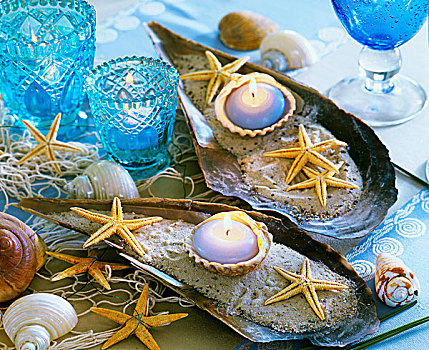 大,海螺壳,沙子,海星,蜡烛