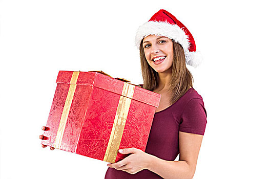 美女,圣诞帽,拿着,礼盒