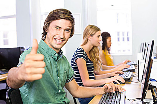 学生,手势,竖大拇指,电脑课
