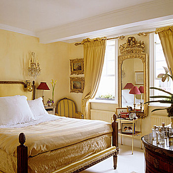 优雅,卧室,老式,床,镜子,金色,框架,墙壁