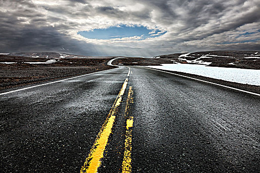 弯曲,乡间小路,荒芜,风景,雪,挪威,欧洲