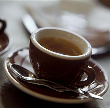 浓咖啡,褐色,意式特浓咖啡杯,勺子,碟