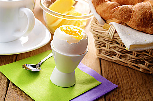 早餐,煮蛋,咖啡,牛角面包,黄油