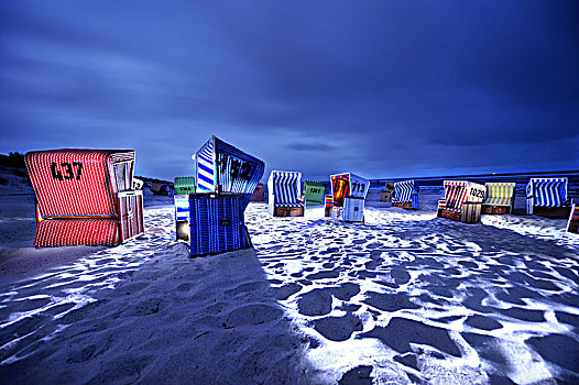 光亮,沙滩椅,夜晚,海滩,东弗里西亚群岛,德国,欧洲