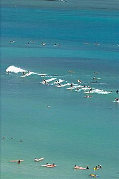 夏威夷,瓦胡岛,怀基基海滩,冲浪,骑,波浪,漂亮,青绿色,水,使用,向上