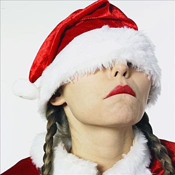 肖像,女人,装扮,圣诞老人,帽子,隐藏,眼睛