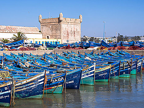 老,蓝色,渔船,港口,苏维拉,后面,要塞,世界遗产,摩洛哥,非洲