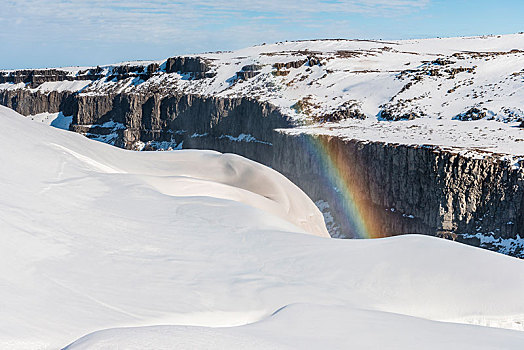 峡谷,悬崖,彩虹,瀑布,冬天,北方,冰岛,欧洲