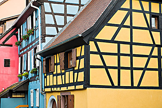 彩色,半木结构房屋,贝格海姆,阿尔萨斯,法国,欧洲
