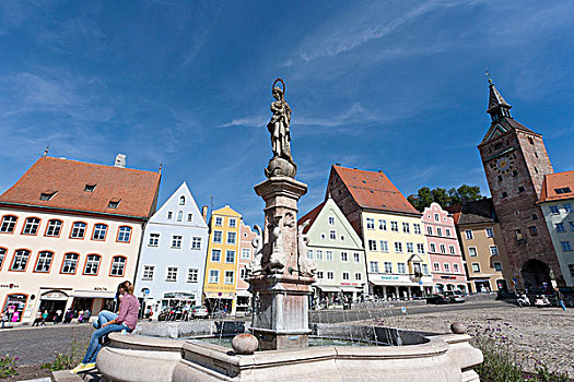 喷泉,塔,兰茨贝格,巴伐利亚,德国,欧洲