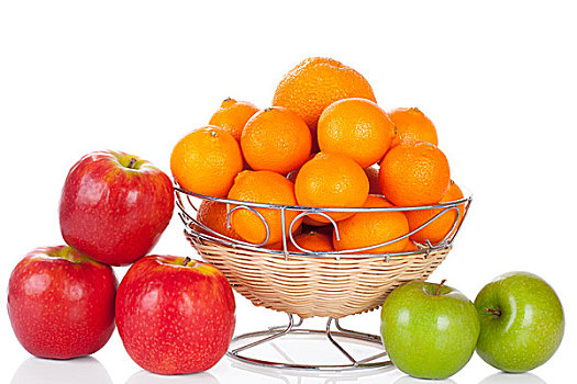 桶,苹果,橘子,隔绝,白色背景