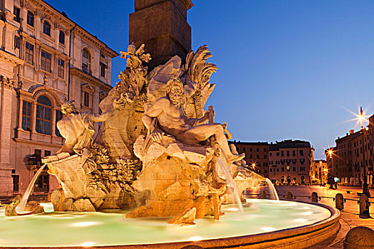 意大利,罗马,喷泉,四个,河,光亮,黄昏