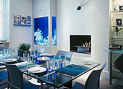 现代,气氛,玻璃桌,正面,发光,蓝色,鱼缸,火,壁炉