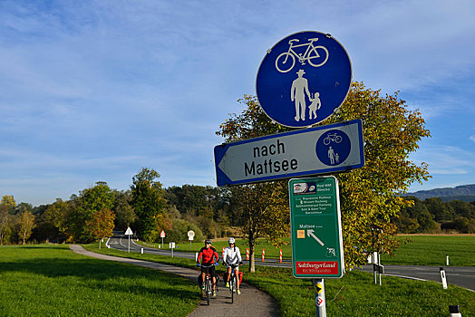 骑车,骑,电,自行车,仰视,路标,路线,湖,萨尔茨堡,湖区,奥地利,欧洲