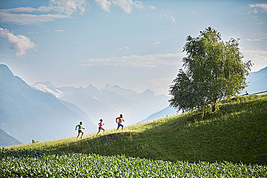 女人,两个男人,跑,向上,山,阿尔卑斯山,后面,提洛尔,奥地利,欧洲