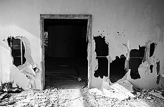 废弃,建筑,空,门,洞,黑白图片