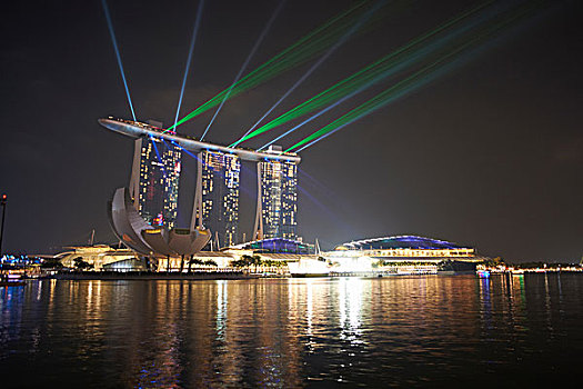 夜景,聚光灯,码头,沙,湾,酒店,新加坡