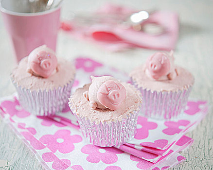 杯形蛋糕,装饰,粉色,猪