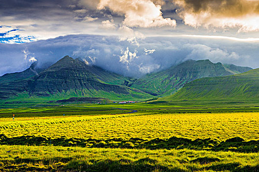 风景,草地,山,晚上,亮光,斯奈山半岛,冰岛,欧洲