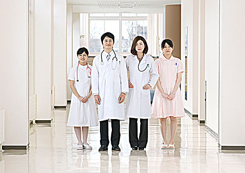 医生,护理,衣服,白色,站立,走廊,医院