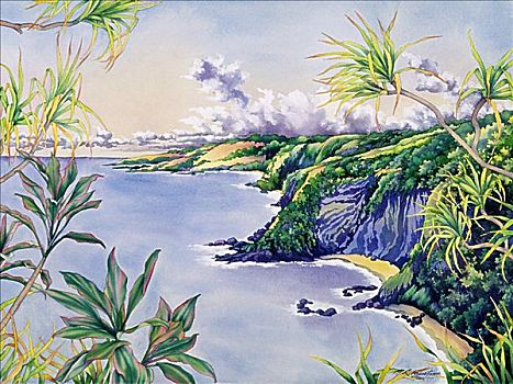 湾,夏威夷,毛伊岛,漂亮,海岸线,道路,水彩画