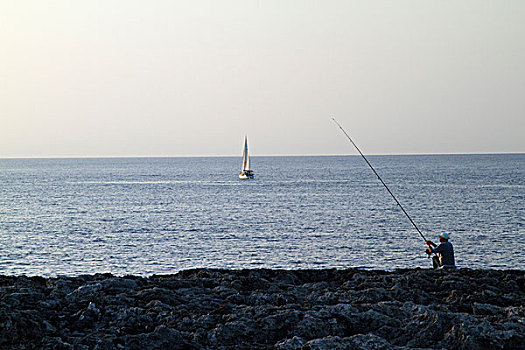 捕鱼者,海洋,早晨,亮光,帽,米诺卡岛,西班牙,欧洲