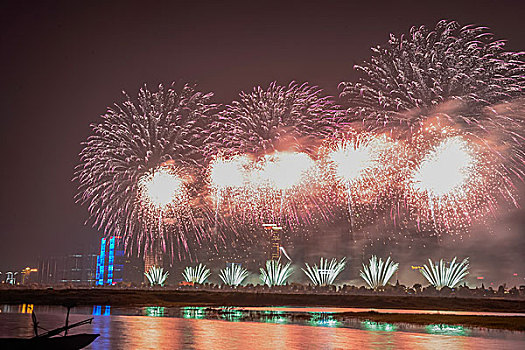 烟花,建筑群,河流,夜景,水,灯,节日