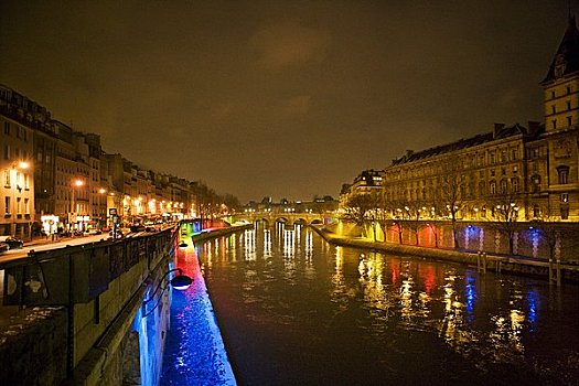 塞纳河,夜晚,色彩,轻快,巴黎,法国