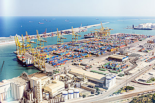 俯视图,港口,起重机,货物集装箱,海上,巴塞罗那,西班牙