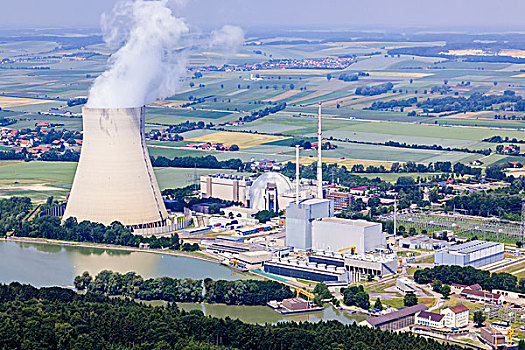 航拍,核能,工厂,伊萨河,反应堆,建筑,冷却塔,河,巴伐利亚,德国,欧洲