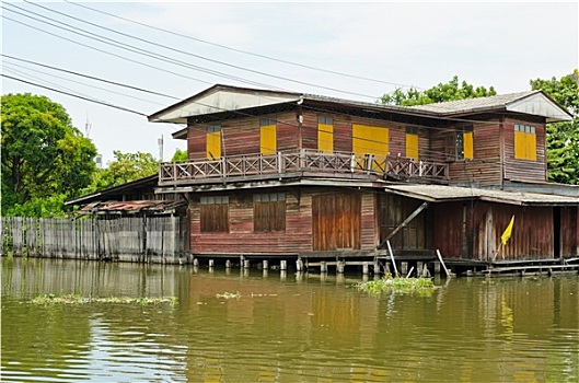 老,泰国,木屋,运河