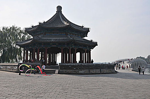 传统,中国人,建筑,行人,上方,桥,北京,中国