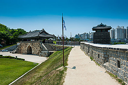巨大,石墙,世界遗产,要塞,水原,韩国