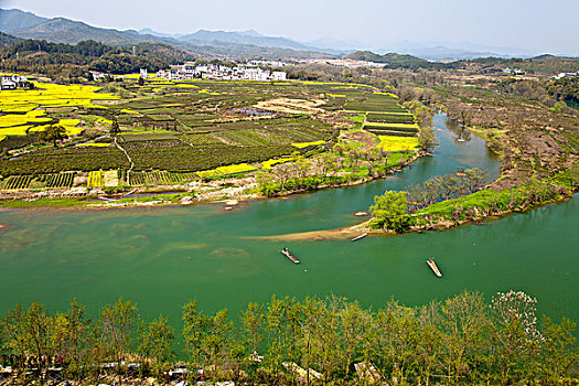 江西婺源,月亮湾,油菜花,徽派建筑,民居