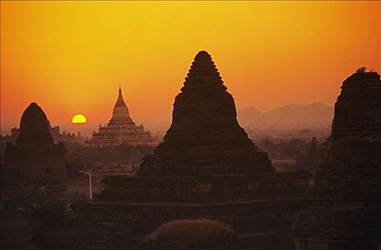 缅甸,蒲甘,庙宇,剪影,橙色,日落