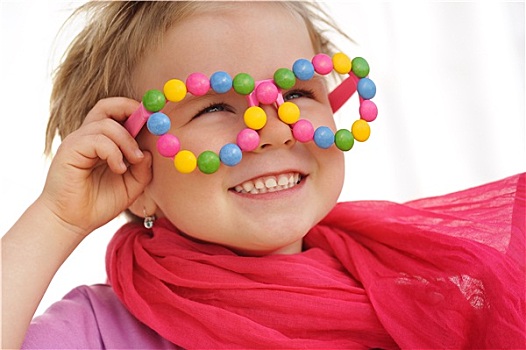 头像,可爱,小女孩,戴着,有趣,眼镜,装饰,彩色,甜食,糖豆,糖果