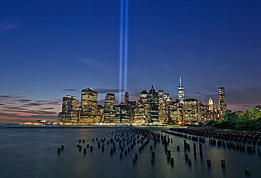 夜景,光柱,上方,下曼哈顿,布鲁克林,高度,散步场所,纽约,美国