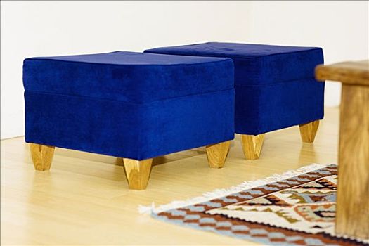 两个,蓝色,无背长软椅,客厅