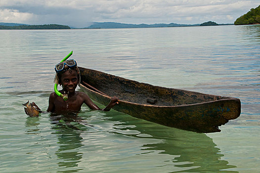 男孩,钓鱼,独木舟,泻湖,西部,省,所罗门群岛,大洋洲
