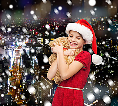 休假,礼物,圣诞节,孩子,人,概念,微笑,女孩,圣诞老人,帽子,泰迪熊,上方,雪,夜晚,城市,背景