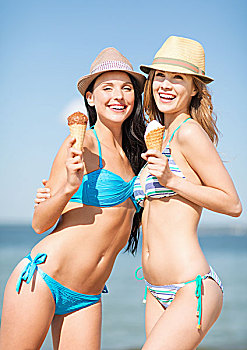 暑假,度假,女孩,比基尼,吃,冰淇淋,海滩