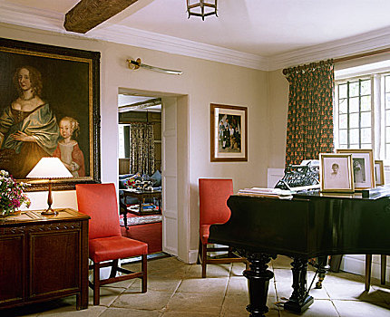乡村风格,房间,钢琴,一对,红色,软垫,时期,椅子
