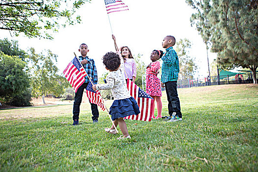 孩子,拿着,向上,美国国旗,公园