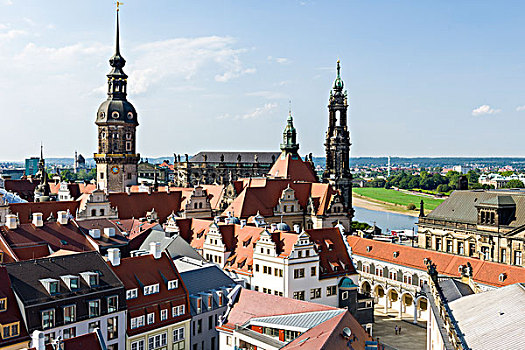 俯视,全景,德累斯顿,城堡,塔,霍夫教堂,教堂,历史,中心,萨克森,德国,欧洲